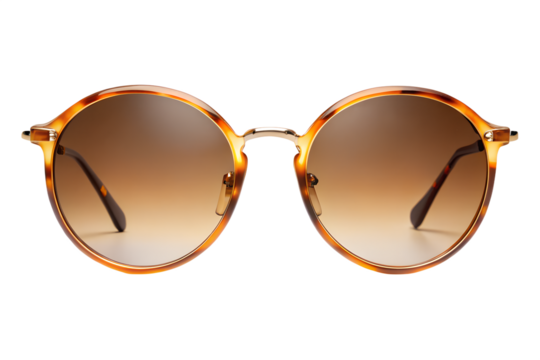 Fashionable round tortoiseshell sunglasses with gradient brown lenses and gold metal accents, a stylish accessory for modern eyewear and effective sun protection