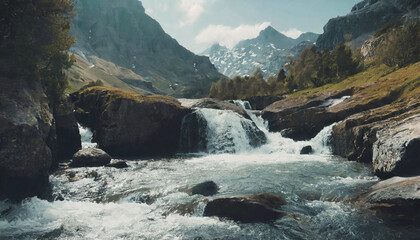 Crystal-clear river flows from mountain waterfall, surrounded by green trees and rocky landscape, snow-capped peaks under blue sky, refreshing alpine nature scene, vibrant summer adventure, travel