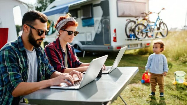 Digital nomad family, remote work while traveling, parents working outdoors, family travel lifestyle, camper van vacation, modern parenting, work and travel balance