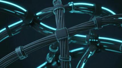 A closeup of a complex network of dark cables and glowing blue neon lights, illustrating data transfer and connectivity