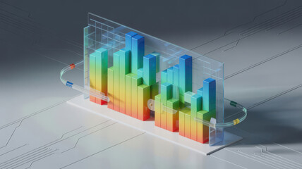 Colorful 3d bar chart representing financial data growth and analysis, displayed on a digital grid with abstract background elements