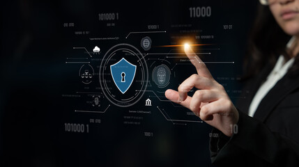 Cyber security interface with biometric and AI-powered protection system. Cyber security secures access, cybersecurity protects identity, cybersecurity detects threats, and defends data. Latch