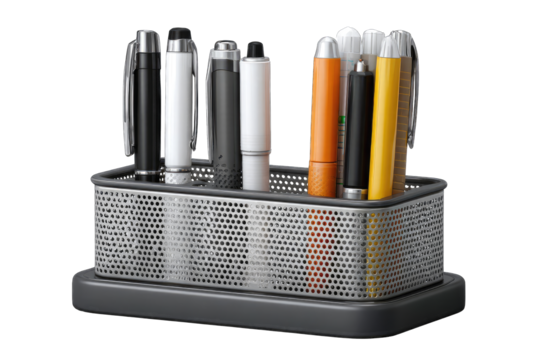 A metal pen holder with various pens
