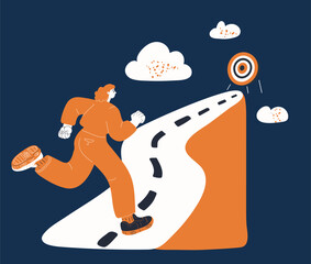 Cartoon vector illustration of a running woman as a metaphor for speed, determination, and chasing goals against dark background