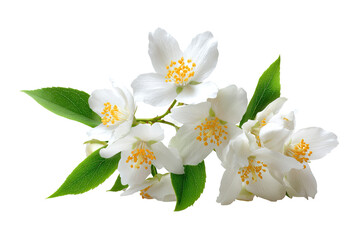 Close-up of jasmine blossoms, vibrant white petals,  yellow centers, lush green leaves