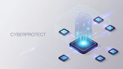 Cyber protect concept with glowing blue central processor and connected nodes, digital network security and data protection abstract background
