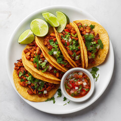 Plate of Al Pastor tacos with lime wedges and salsa on the side, minimalistic white background

