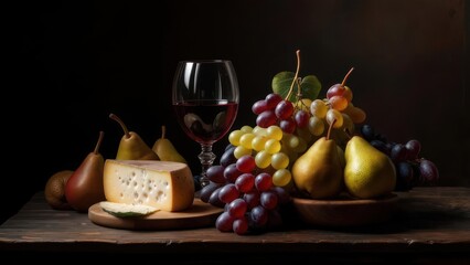 Still life of cheese, pears, grapes, and wine