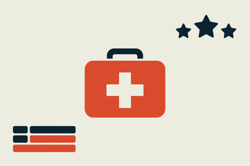Obraz premium A graphic illustration of a first aid kit with stars and a list on a light background design focus