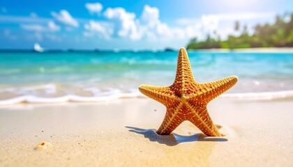 A starfish stands upright on pristine white sand, framed by turquoise waves, palm trees, and a radiant tropical sky—pure beachside serenity.