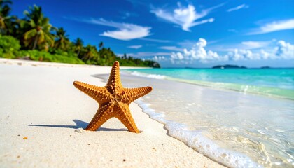A starfish stands upright on pristine white sand, framed by turquoise waves, palm trees, and a radiant tropical sky—pure beachside serenity.