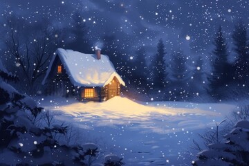 Naklejka premium Digital paint snow house night architecture christmas.
