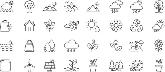 Eco Line Icons Set Including Nature, Recycling, Green Energy, Climate Change, Sustainability, and Environmental Conservation for Clean Earth and Renewable Energy Concepts