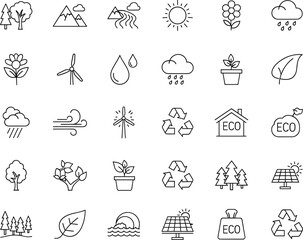 Eco Nature and Green Energy Line Icon Set with Trees, Solar Panels, Recycling Symbols, Wind Turbines, Climate and Environment Concepts for Sustainable Design