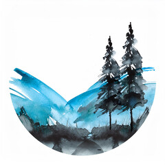 Minimalist round watercolor landscape with two pine trees, stylized blue mountains, expressive brushstrokes, clean white space. Art, design, nature theme, perfectly fits contemporary, zen