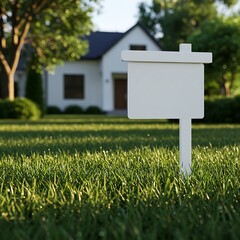 Empty Real Estate Sign in Front of a Suburban House on a Sunny Day.