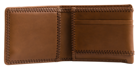 Open Brown Leather Bifold Wallet with Braided Edges accessory isolated on a transparent background