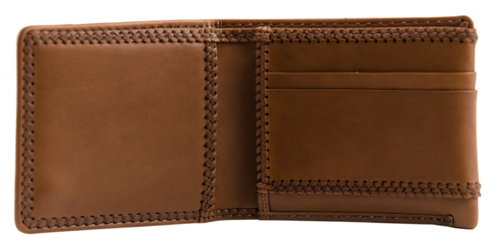 Open Brown Leather Bifold Wallet with Braided Edges accessory isolated on a transparent background