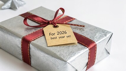 Delightful new year gift wrapped in silver with a heartfelt tag wishing for the best year ahead