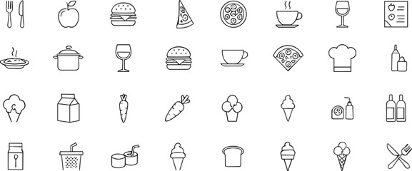 Minimalist food and dining icon set with burgers, pizza slices, coffee cups, chef hats, fruits, vegetables, drinks, ice cream, sauces, and tableware