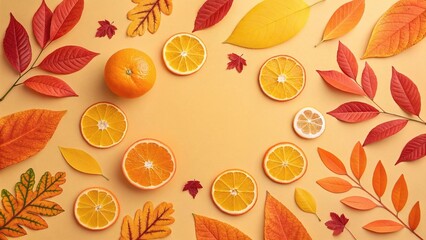 Vibrant flat lay arrangement of orange and yellow shapes inspired by autumn foliage and fruit on a warm background