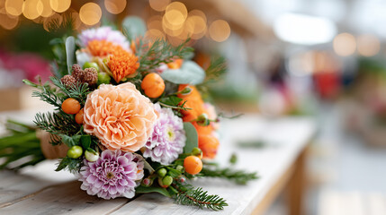 Beautiful floral bouquet with roses, dahlias, greenery and berries on a rustic wooden table.