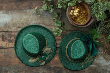 Festive green hats and gold coins for st. patrick's day celebration