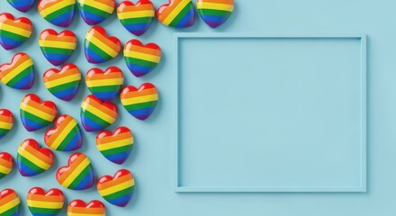 Rainbow Hearts Collection Displayed On A Plain Blue Background With Empty Frame For Text