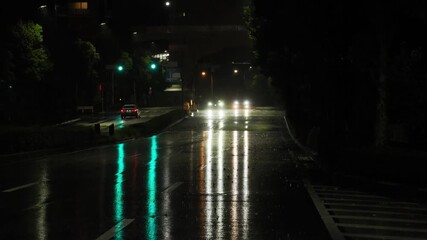 Tokyo, Japan - September 5, 2025: Reflection of head lights Under heavy rain at night