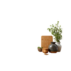 Stylish Kitchen Still Life Bamboo Cutting Board, Ceramic Vases, and Wooden Bowls with Herbs