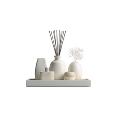 Serene Spa-Like Still Life White Ceramic Vessels, Reed Diffuser, and Dried Flowers on Tray