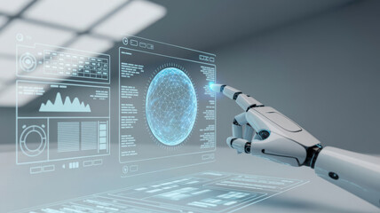 Robotic hand interacting with a glowing blue digital interface displaying charts and data, symbolizing artificial intelligence and advanced technology