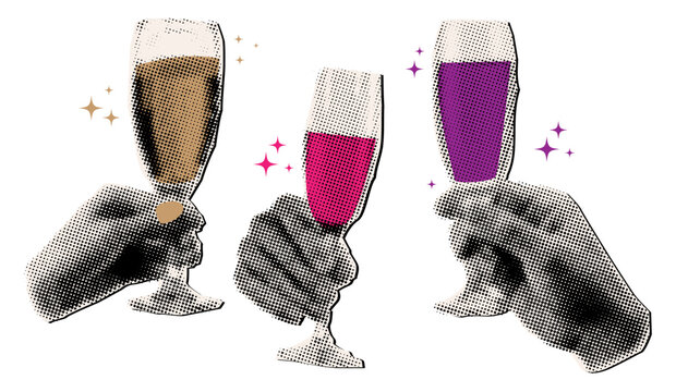 Set of hands holding wine glasses in retro halftone style,celebration, festive concept,trendy collage elements - Powered by Adobe