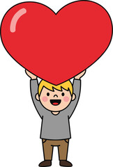 Happy cartoon boy holding big red heart, cute illustration of love, happiness, childhood, romance, friendship, holiday celebration, Valentine’s Day.