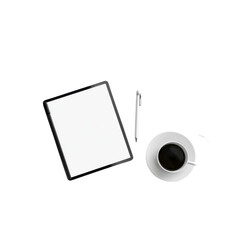 Flat Lay of Tablet, Pen, and Coffee Cup - Minimalist Workspace Mockup