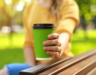 Woman holding green disposable coffee cup outdoors