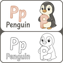 Letter P with Penguin Educational Sketch and Colored
