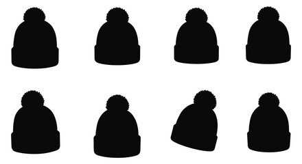 eight black beanies arranged neatly in two rows