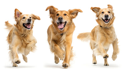 Three golden retrievers running towards the camera on a white background in a studio setting