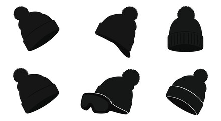 various styles of black winter hats displayed neatly