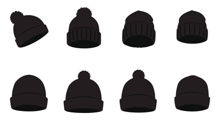 various styles of black winter hats arranged neatly