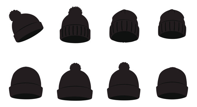 various styles of black winter hats arranged neatly