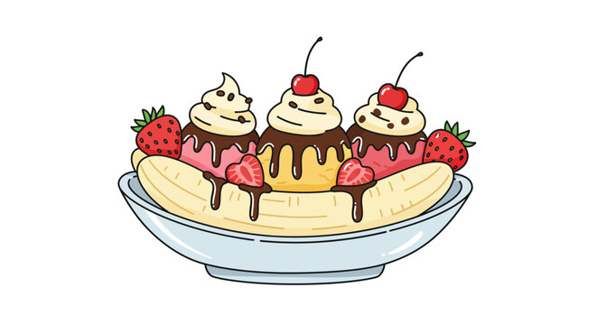 Cartoon Banana Split with Ice Cream Strawberries and Cherries in a Bowl.