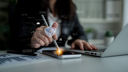 Cyber security interface with biometric and AI-powered protection system. Cyber security secures...