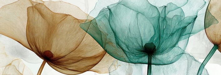 Delicate, translucent flowers in muted tones of teal and brown create a serene, ethereal composition.