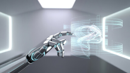 Closeup of a robotic hand interacting with a glowing holographic interface, projecting a complex structure, symbolizing ai and advanced digital interaction