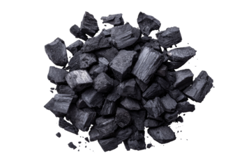 A close-up view of a pile of charcoal.  Dark, irregular pieces are tightly clustered.  Black and gray tones.  Isolated against black background