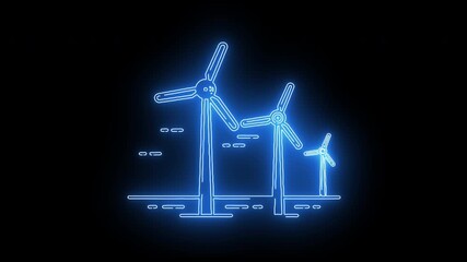 Vibrant blue glow of a wind power plant illustration, emphasizing sustainable energy sources and the global shift towards green technology for a better planet, set against a deep black background - Powered by Adobe