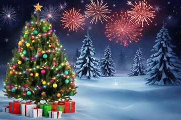 Obraz premium A Festive Christmas Scene with a Decorated Tree, Sparkling Fireworks, and a Snowy Winter Wonderland Setting.