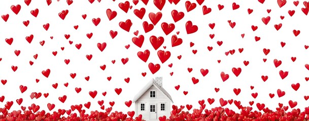 A small, white house is nestled amidst a plentiful shower of red hearts, against a stark white backdrop.